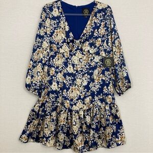 New Sage Collective Blue Yellow Floral V Neck Ruffle Hem Dress size 10 Feminine